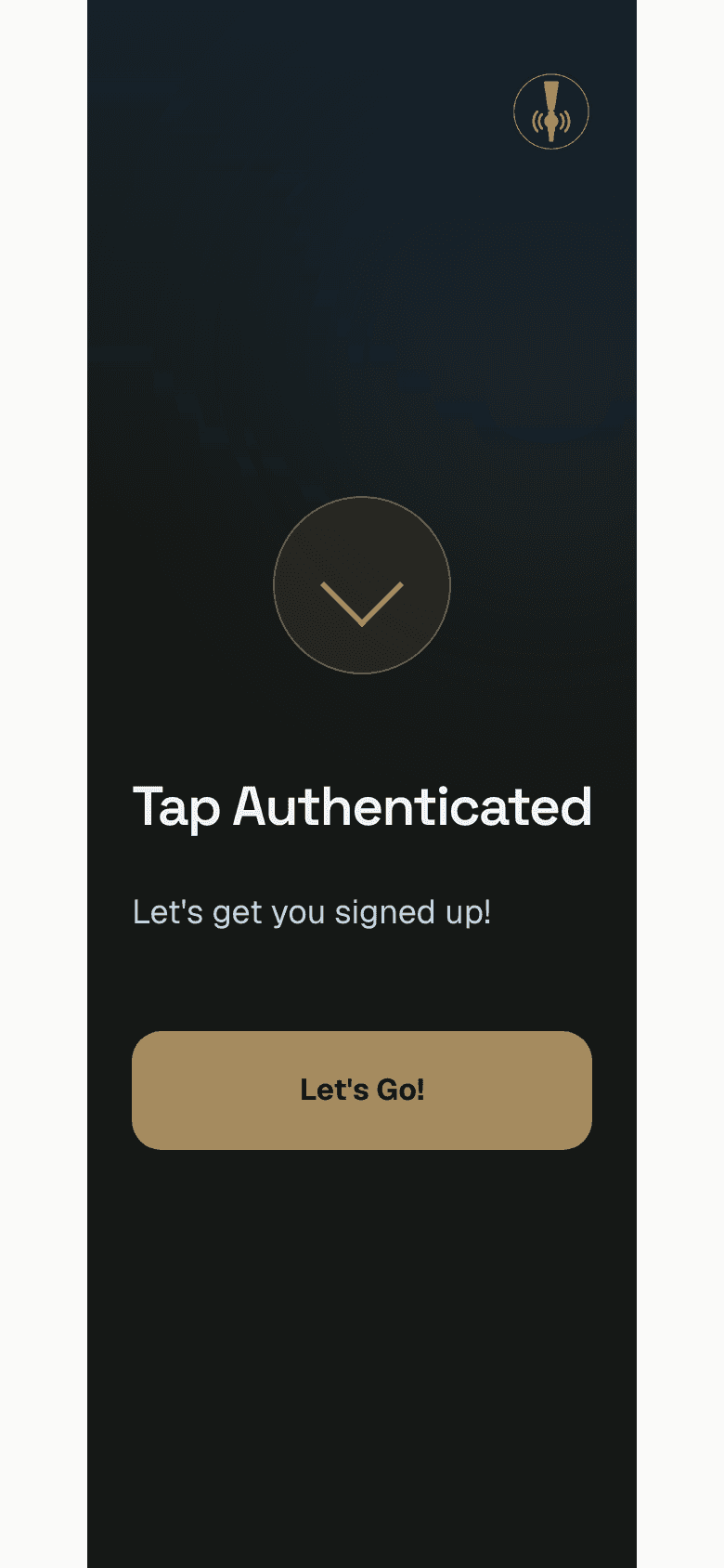 Crafted Tap authenticated-token screen confirming the tap and inviting the fan to sign up