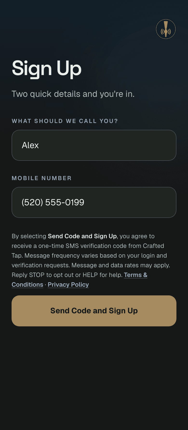 Crafted Tap signup screen with name and mobile number fields, SMS disclosure, and Send Code and Sign Up