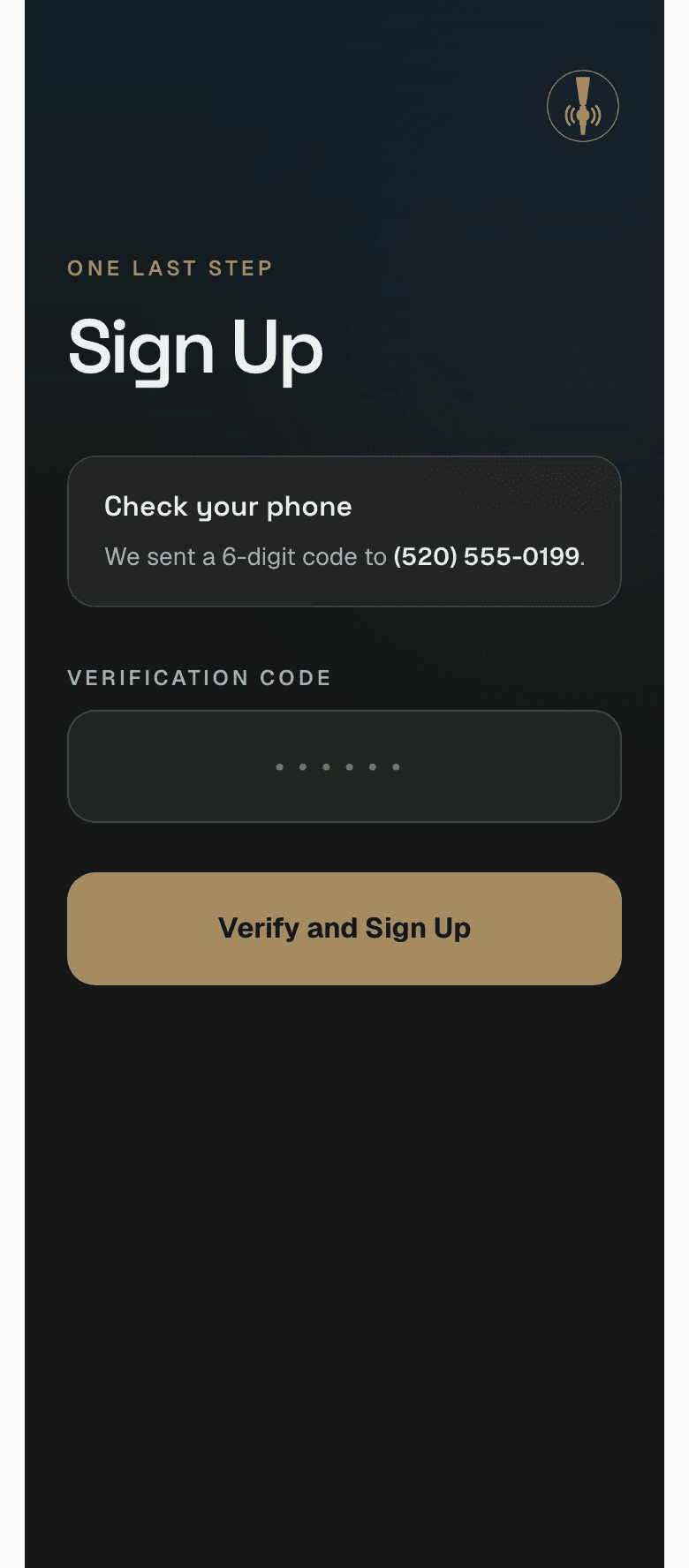 Crafted Tap verification screen asking the fan to enter a six-digit SMS code